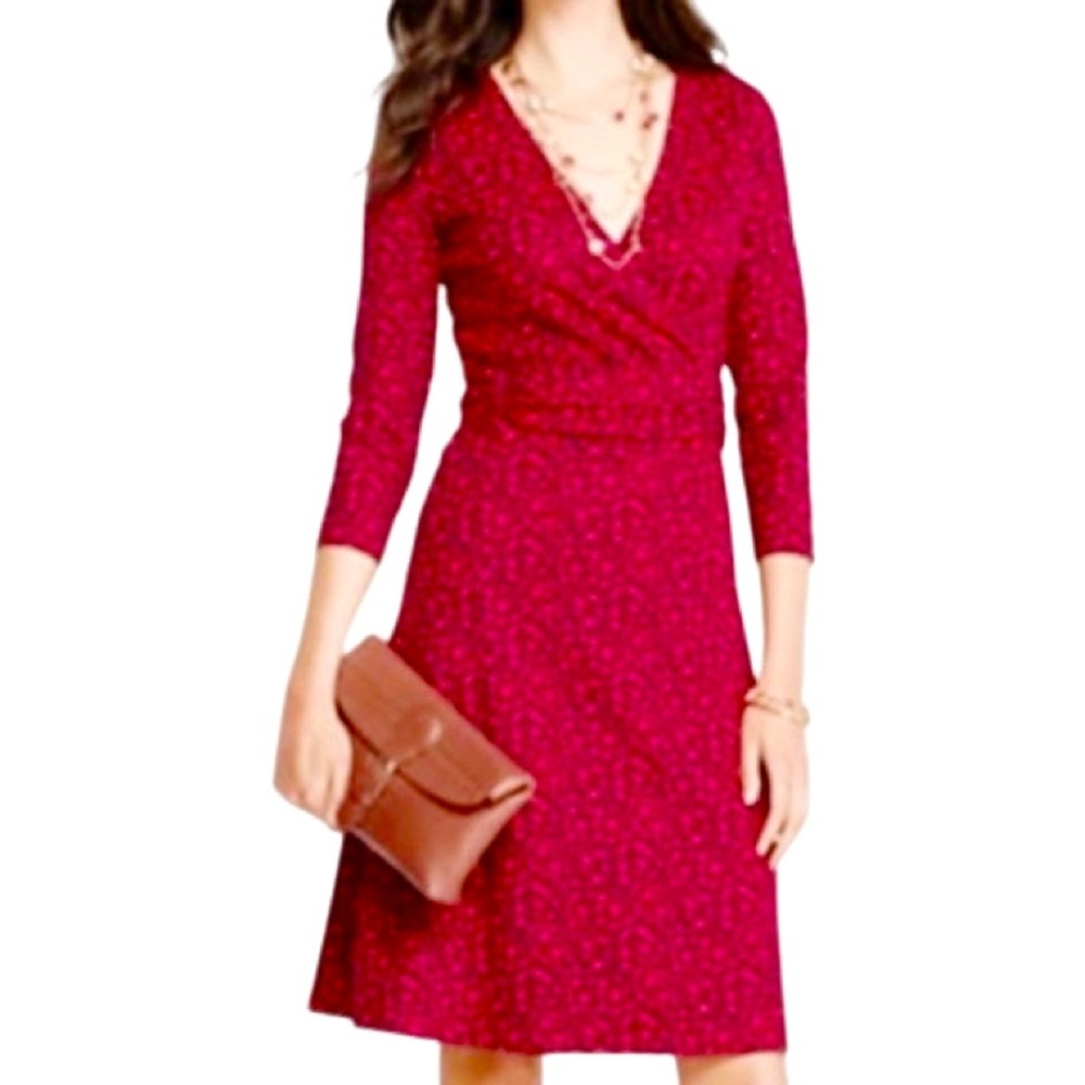 LANDS’ END Faux Wrap Dress Women’s SIZE M 10-12 Red Stretch V-Neck 3/4” Sleeves